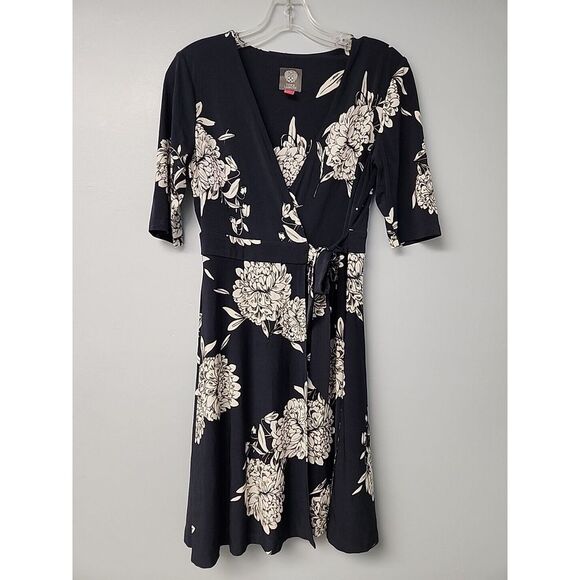 Vince‎ Camuto Womens 4 A-line Wrap Dress Blue Floral Short Sleeve V Neck - Picture 1 of 7